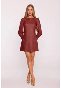 MOE - Elegancka sukienka tweedowa trapezowa mini bordowa. Kolor: czarny, różowy, szary, czerwony. Typ sukienki: trapezowe. Styl: elegancki. Długość: mini #1