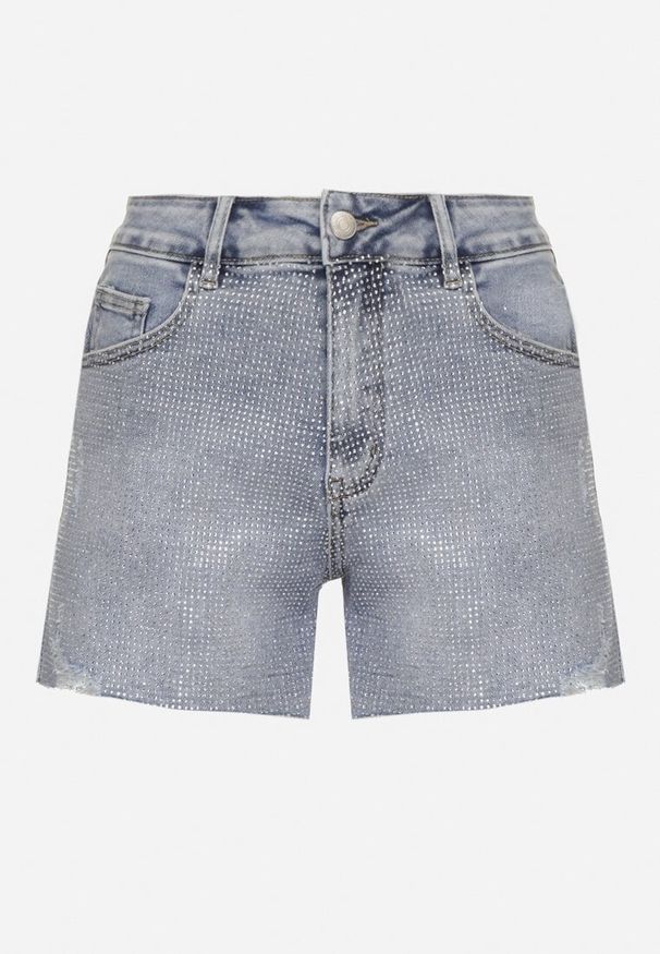 Born2be - Niebieskie Szorty Jeansowe z Wysokim Stanem Zdobione Cyrkoniami Uladora. Okazja: na plażę, na co dzień, na imprezę. Stan: podwyższony. Kolor: niebieski. Materiał: jeans. Wzór: aplikacja. Sezon: lato. Styl: elegancki, casual