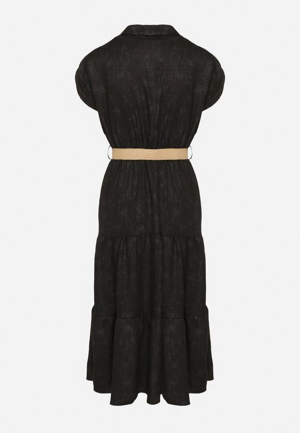 Born2be - Czarna Sukienka Ozdobiona Plecionym Paskiem i Guzikami Filianea. Okazja: na co dzień. Kolor: czarny. Materiał: jeans. Wzór: aplikacja. Styl: elegancki, casual
