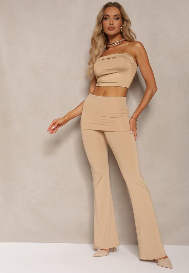 Renee - Beżowe Elastyczne Spodnie o Kroju Dzwonów High Waist z Modelującego Materiału Ivolea. Stan: podwyższony. Kolor: beżowy. Materiał: materiał