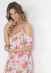 Born2be - Biało-Czerwona Sukienka Bawełniana w Kwiaty z Falbanką Janellie. Kolor: biały. Materiał: bawełna. Długość rękawa: na ramiączkach. Wzór: kwiaty. Styl: wakacyjny. Długość: maxi #2