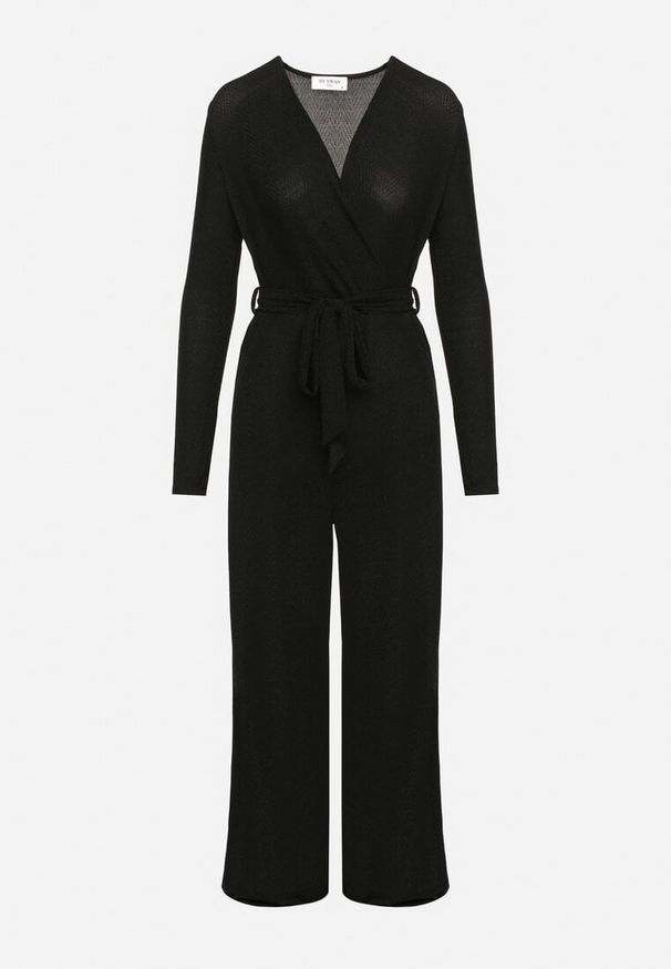 Born2be - Czarny Taliowany Kombinezon z Wiskozą Ozdobiony Paskiem i Metaliczną Nicią Lilanna. Okazja: na co dzień, na imprezę. Kolor: czarny. Materiał: wiskoza. Wzór: aplikacja. Styl: casual, elegancki