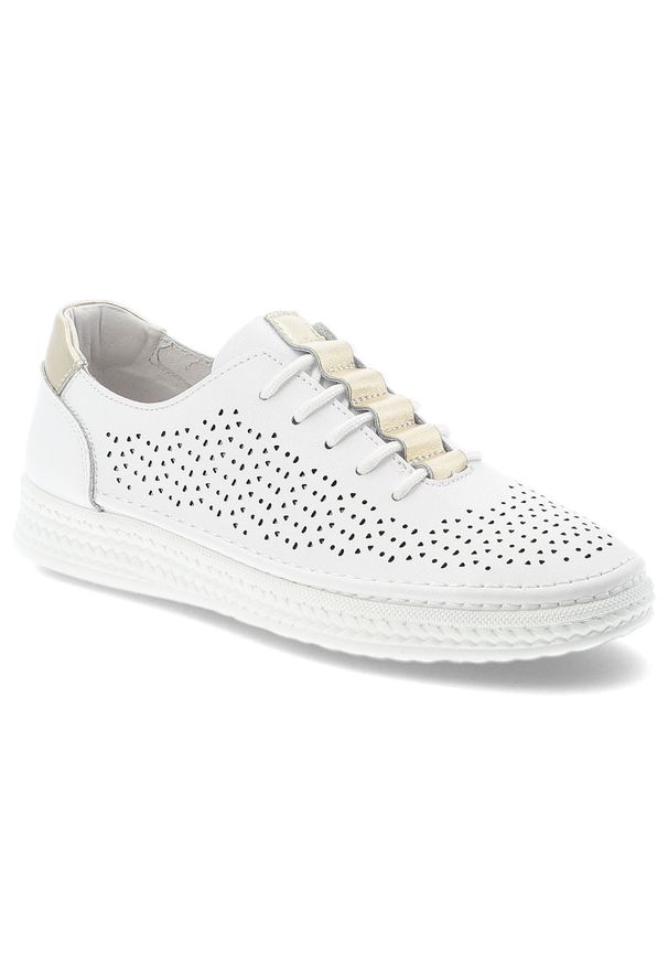 Sneakersy damskie S.Barski, cholewka skóra naturalna perforowana wiązanie klasyczne niski fason zaokrąglony nosek, białe, GR61-5992. Okazja: na co dzień. Zapięcie: sznurówki. Kolor: biały. Materiał: skóra. Szerokość cholewki: normalna. Sezon: wiosna, lato. Styl: klasyczny