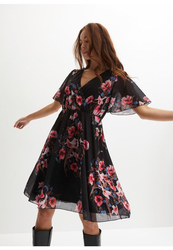 bonprix - Sukienka mini z siateczki. Kolor: czarny. Materiał: materiał. Typ sukienki: kopertowe. Długość: mini