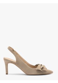 Ryłko - Beżowe czółenka slingback z kokardą OFELIA. Okazja: do pracy. Zapięcie: bez zapięcia. Kolor: beżowy. Materiał: welur. Wzór: aplikacja. Obcas: na obcasie. Styl: klasyczny, street. Wysokość obcasa: średni