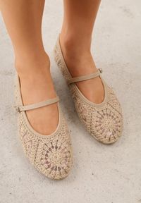 Renee - Ciemnobeżowe Plecione Balerinki Boho w Stylu Mary Jane z Siateczki Raithea. Nosek buta: okrągły. Zapięcie: pasek. Kolor: beżowy. Wzór: ażurowy, haft. Styl: boho #6