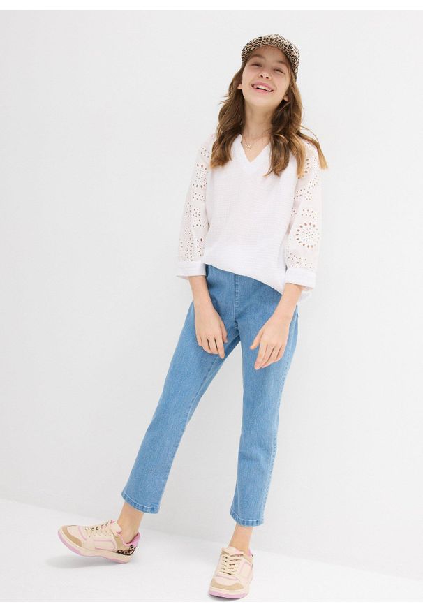 bonprix - Spodnie 7/8 z gumką w talii, mid waist. Kolor: niebieski. Styl: elegancki