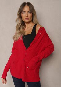 Renee - Bordowy Casualowy Kardigan z Bawełną z Kieszonkami Ozdobiony Tłoczeniem Mevanille. Okazja: na co dzień. Kolor: czerwony. Materiał: bawełna. Długość rękawa: długi rękaw. Długość: długie. Wzór: aplikacja. Styl: casual #3