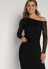 Born2be - Czarny Koronkowy Komplet Dopasowana Spódnica i Bluzka na Jedno Ramię Calonara. Kolor: czarny. Materiał: koronka #5