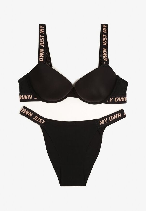 Renee - Czarny Komplet Ozdobiony Napisami z Biustonoszem z Efektem Push-Up i Majtkami Bralicia. Kolor: czarny. Materiał: materiał. Wzór: napisy, aplikacja