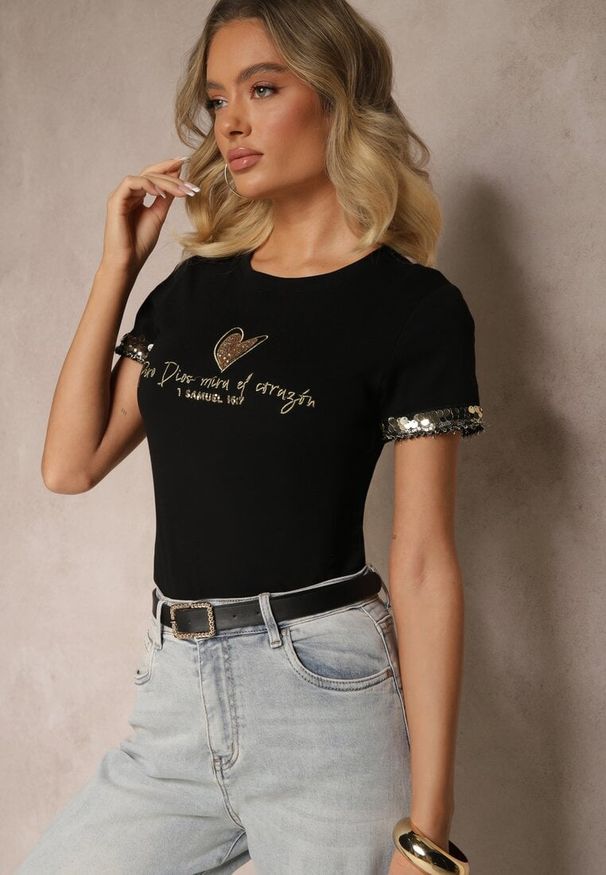 Renee - Czarny T-shirt z Bawełny z Cyrkoniami Arithlin. Okazja: na co dzień. Kolor: czarny. Materiał: bawełna. Wzór: aplikacja. Styl: elegancki, casual