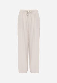 Renee - Beżowe Spodnie High Waist ze Sznurkiem w Talii i Prostą Nogawką Raveann. Okazja: na co dzień, na spacer. Stan: podwyższony. Kolor: beżowy. Wzór: aplikacja. Styl: casual #4