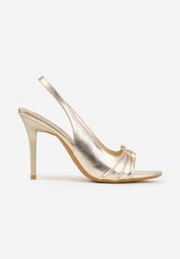 Renee - Złote Sandały na Szpilce VICES z Metaliczną Ozdobą i Marszczeniem Orinlisa. Kolor: złoty. Wzór: aplikacja. Sezon: lato. Obcas: na szpilce #7