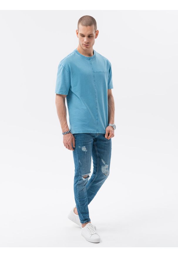 Ombre Clothing - T-shirt męski bawełniany S1379 - niebieski - XXL. Kolor: niebieski. Materiał: bawełna. Długość: krótkie. Wzór: geometria