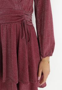 Born2be - Bordowa Sukienka Rozkloszowana z Metaliczną Nitką Adine. Okazja: na co dzień, na imprezę. Typ kołnierza: dekolt w kształcie V. Kolor: czerwony. Typ sukienki: rozkloszowane. Styl: casual, elegancki #3