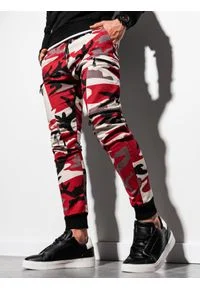 Ombre Clothing - Spodnie męskie joggery P997 - moro/czerwone - L. Kolor: czerwony. Materiał: bawełna, elastan. Wzór: moro