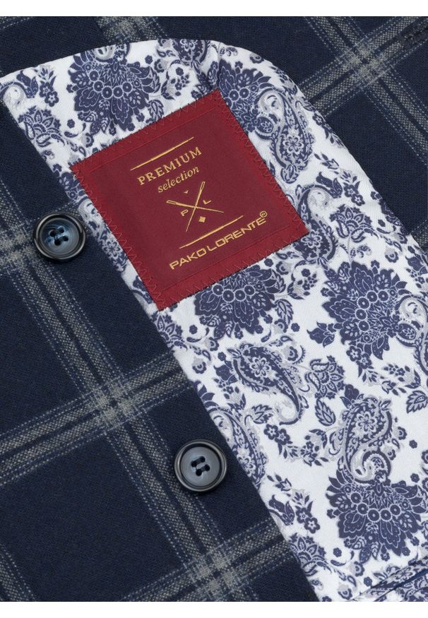 Pako Lorente - PAKO LORENTE – Granatowa marynarka casual w jasną kratkę. Okazja: na co dzień. Kolor: niebieski. Materiał: wełna, poliester, elastan. Wzór: kratka. Styl: casual