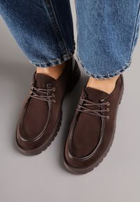 Renee - Brązowe Półbuty Mokasyny w Stylu Boat Shoes ze Sznurowaniem Balmitar. Kolor: brązowy. Materiał: jeans #8