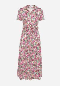 Born2be - Różowo-Zielona Koszulowa Sukienka z Krótkim Rękawem i Wiskozą na Guziki z Materiałowym Paskiem Dimiata. Typ kołnierza: kołnierzyk klasyczny. Kolor: różowy. Materiał: materiał, wiskoza. Długość rękawa: krótki rękaw. Wzór: kwiaty. Typ sukienki: koszulowe. Styl: klasyczny #7