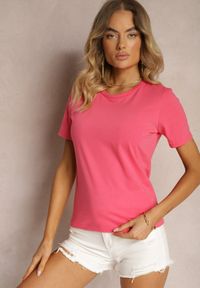 Renee - Fuksjowy T-shirt Koszulka z Krótkim Rękawem i Okrągłym Dekoltem Tiarella. Kolor: różowy. Materiał: jeans. Długość rękawa: krótki rękaw. Długość: krótkie. Wzór: aplikacja. Styl: klasyczny, elegancki