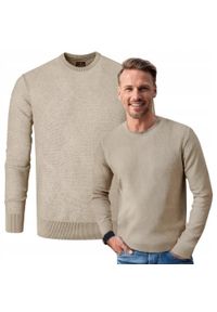 Męski Sweter Bawełniany, Delikatna Faktura Materiału - Pako Jeans - Beżowy. Kolor: beżowy, brązowy, wielokolorowy. Materiał: bawełna. Styl: elegancki, klasyczny #6