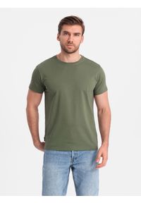 Ombre Clothing - T-shirt męski klasyczny bawełniany BASIC - khaki V6 OM-TSBS-0146 - XL. Okazja: na co dzień. Kolor: brązowy. Materiał: bawełna. Wzór: jednolity. Styl: klasyczny