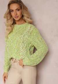 Renee - Jasnozielony Sweter z Kolorową Grubo Plecioną Nicią Ivarea. Kolor: zielony. Wzór: kolorowy. Sezon: jesień, zima #1
