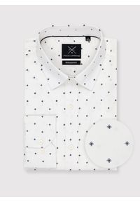 Pako Lorente - PAKO LORENTE – Biała koszula męska w granatowy drobny print. Typ kołnierza: kołnierzyk klasyczny. Kolor: biały, niebieski, wielokolorowy. Materiał: bawełna, elastan. Długość rękawa: długi rękaw. Długość: długie. Wzór: nadruk. Styl: klasyczny #1