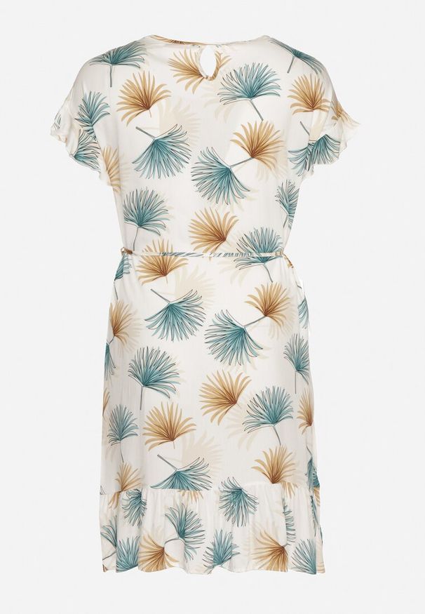 Born2be - Biało-Niebieska Bawełniana Sukienka z Florystycznym Motywem i Wiązaniem w Talii Rissani. Okazja: na randkę. Kolor: biały. Materiał: bawełna. Sezon: lato