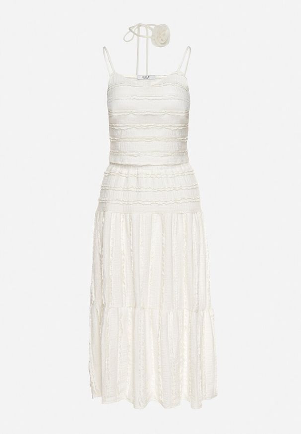 Born2be - Beżowy Komplet Top na Ramiączkach Spódnica z Gumką w Pasie i Falbankami Choker z Różą Glina. Kolor: beżowy. Wzór: aplikacja