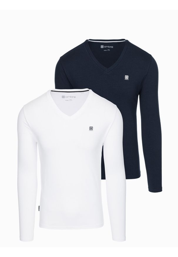 Ombre Clothing - Zestaw męskich longsleeve'ów SLIM FIT z dekoltem typu V i logotypem 2-pak– mix biały/granatowy V1 Z87 - XXL. Okazja: na co dzień. Kolor: biały. Materiał: bawełna, materiał, elastan. Długość rękawa: długi rękaw. Wzór: gładki, jednolity. Styl: klasyczny, casual