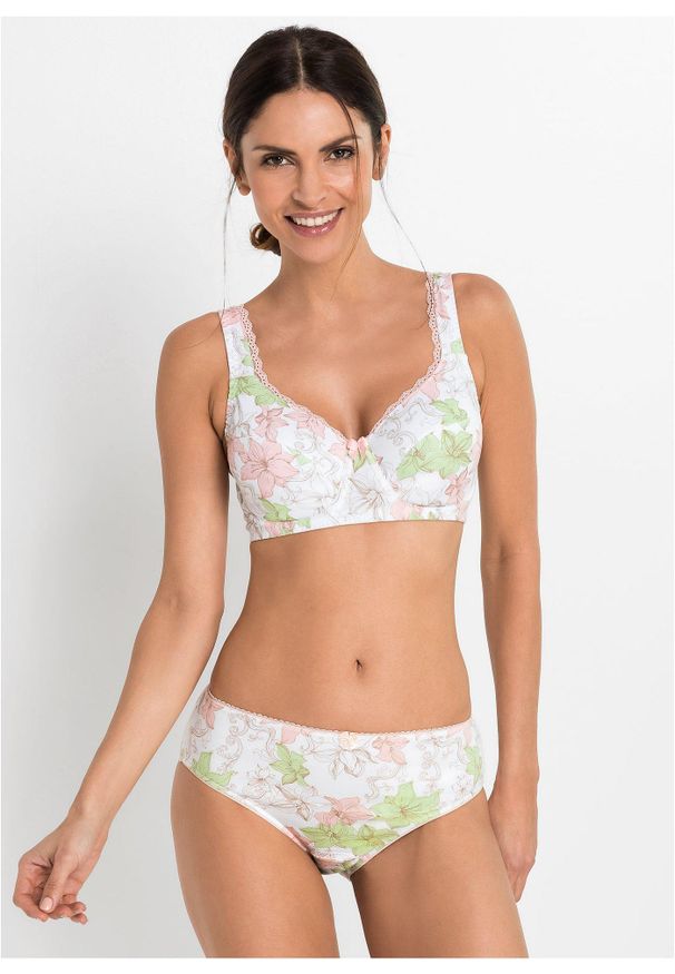 bonprix - Biustonosz bawełniany na fiszbinach (3 szt.). Kolor: biały. Materiał: bawełna. Wzór: aplikacja, kwiaty, nadruk, koronka