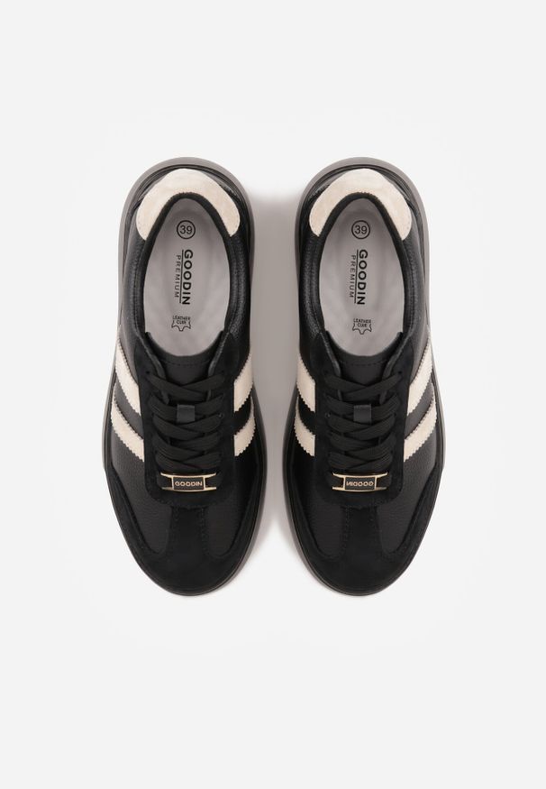 Born2be - Czarno-Beżowe Skórzane Sneakersy na Grubej Podeszwie z Geometrycznym Wzorem Rivimi. Okazja: na co dzień. Kolor: czarny. Materiał: skóra. Wzór: geometria