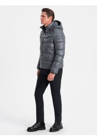 Ombre Clothing - Mocno ocieplona pikowana męska kurtka z odpinanym kapturem – grafitowa V3 OM-JAHP-22FW-010 - XXL. Typ kołnierza: kołnierzyk stójkowy. Kolor: szary. Materiał: skóra, syntetyk, poliester, materiał. Długość: krótkie. Wzór: gładki, aplikacja. Sezon: zima. Styl: sportowy #5