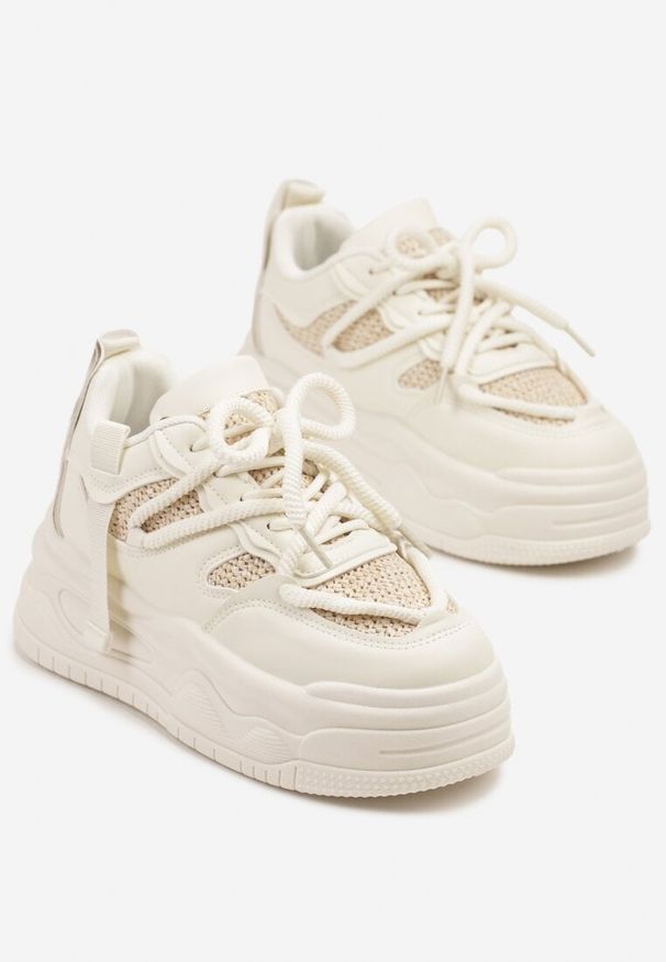 Born2be - Beżowe Sneakersy na Grubej Podeszwie z Ozdobnym Sznurowaniem Punea. Zapięcie: sznurówki. Kolor: beżowy. Materiał: jeans