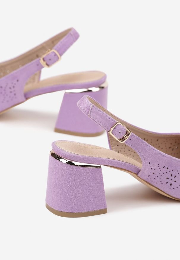 Renee - Fioletowe Sandały Vices na Słupku Slingback ze Skórzaną Wkładką i Ażurowym Wzorem Iffinira. Zapięcie: sprzączka. Kolor: fioletowy. Materiał: skóra. Wzór: ażurowy. Sezon: lato. Obcas: na słupku. Wysokość obcasa: średni