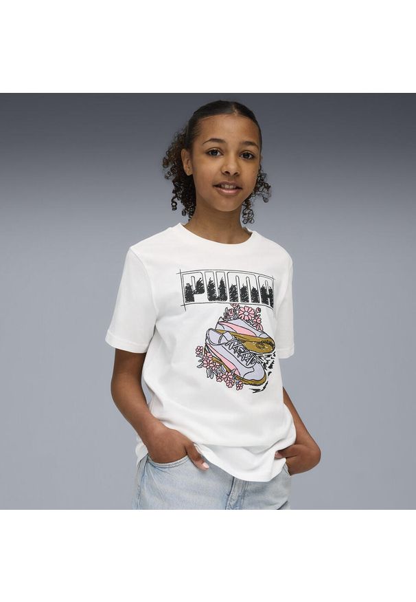 Puma - Młodzieżowa koszulka z grafiką sneakersów PUMA. Kolor: biały. Sport: joga i pilates