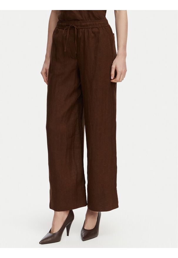 TOMMY HILFIGER - Tommy Hilfiger Spodnie materiałowe WW0WW48970 Brązowy ciemny Wide Leg. Kolor: brązowy. Materiał: len
