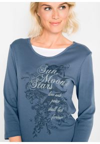 bonprix - Shirt 2 w 1, rękawy 3/4. Kolor: niebieski. Materiał: bawełna. Wzór: nadruk