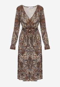 Renee - Brązowo-Beżowa Sukienka Midi z Wzorem Paisley i Gumką w Talii Alynthe. Kolor: brązowy. Wzór: paisley. Typ sukienki: kopertowe. Długość: midi #7
