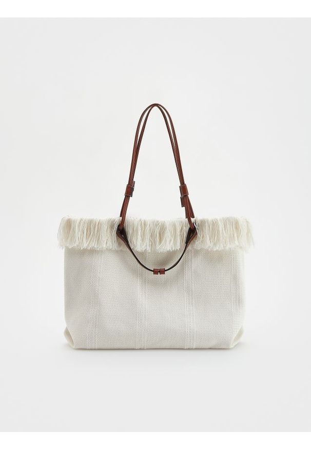 Reserved - Torebka shopper z frędzlami - złamana biel. Dodatki: z frędzlami