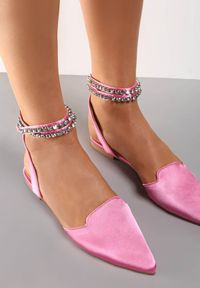 Renee - Różowe Sandały Semeusa. Nosek buta: szpiczasty. Zapięcie: sprzączka. Kolor: różowy. Materiał: satyna. Wzór: aplikacja #4