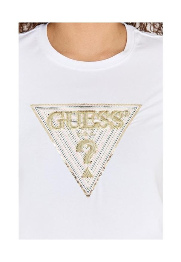 Guess - GUESS Biały t-shirt damski ze złotym haftowanym cyrkoniami logotypem slim fit, Rozmiar S. Kolor: biały. Materiał: bawełna. Wzór: haft