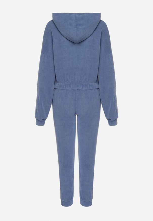 Born2be - Granatowy Komplet Dresowy z Bawełną Krótka Bluza z Kapturem i Spodnie z Gumką w Pasie Gesaria. Kolor: niebieski. Materiał: dresówka, bawełna