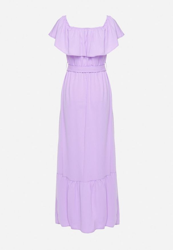 Born2be - Fioletowa Sukienka o Rozkloszowanym Fasonie z Hiszpańskim Dekoltem i Materiałowym Paskiem Nacara. Okazja: na co dzień. Kolor: fioletowy. Materiał: materiał. Długość rękawa: krótki rękaw. Sezon: lato. Typ sukienki: proste. Styl: casual