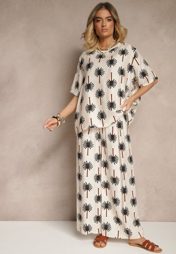 Renee - Beżowo-Czarny Komplet z Wiskozy Zdobiony Printem w Palmy Szerokie Spodnie i T-shirt Zioleana. Kolor: beżowy. Materiał: wiskoza. Wzór: aplikacja, nadruk