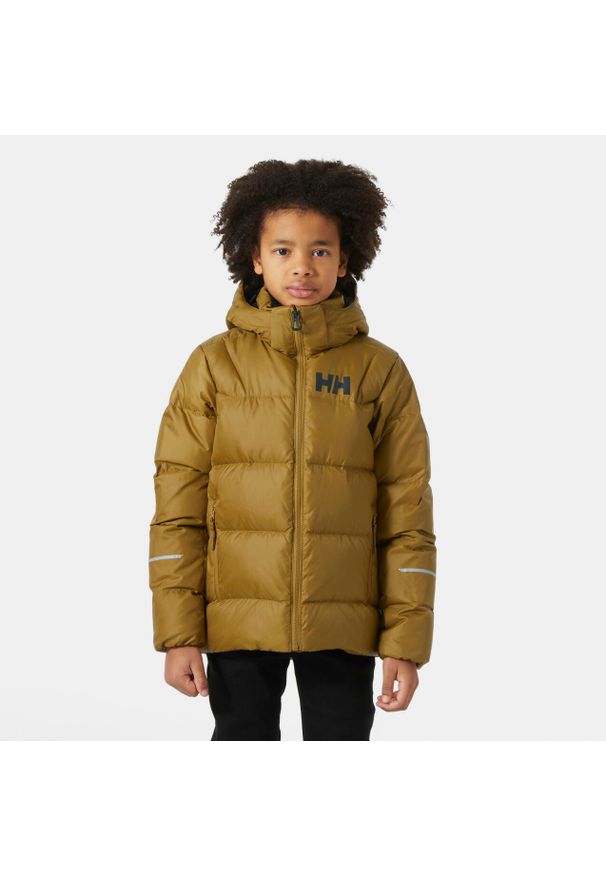 Kurtka dziecięca z kapturem Helly Hansen Isfjord Down 2.0. Typ kołnierza: kaptur. Kolor: brązowy. Materiał: puch