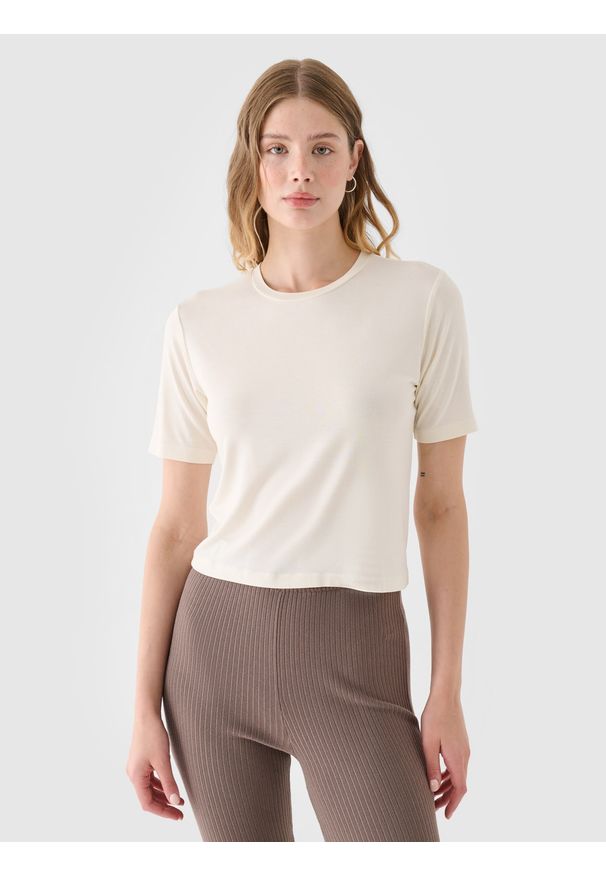 4f - 4F T-shirt slim gładki damski - biały XS. Okazja: na co dzień. Kolor: biały. Materiał: dzianina, wiskoza, jersey, materiał, elastan. Długość rękawa: krótki rękaw. Długość: krótkie. Wzór: gładki. Sezon: lato, wiosna. Styl: sportowy, casual