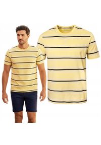 Bawełniana Koszulka Polo w Paski - Pako Jeans - Żółta. Okazja: na co dzień. Typ kołnierza: polo. Kolor: żółty, wielokolorowy, złoty. Materiał: bawełna. Wzór: prążki, paski. Styl: casual #5