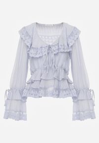 Born2be - Niebieska Wiskozowa Bluzka w Rustykalnym Stylu z Koronką Falbanami i Wiązaniami Elleflona. Okazja: na co dzień. Kolor: niebieski. Materiał: wiskoza, koronka. Wzór: koronka. Styl: casual #7